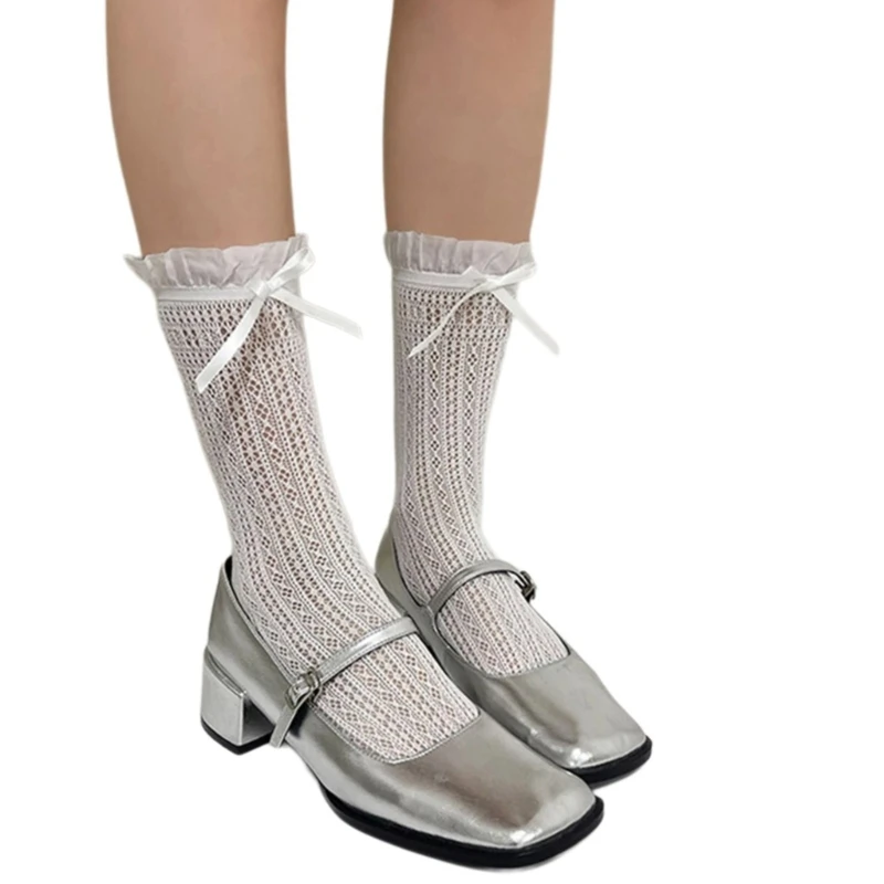 

Women Student Hollowed Out Lace Mesh Calf Socks Japanese Ribbon Bowknot Ruffle Frilly Middle Tube Socks