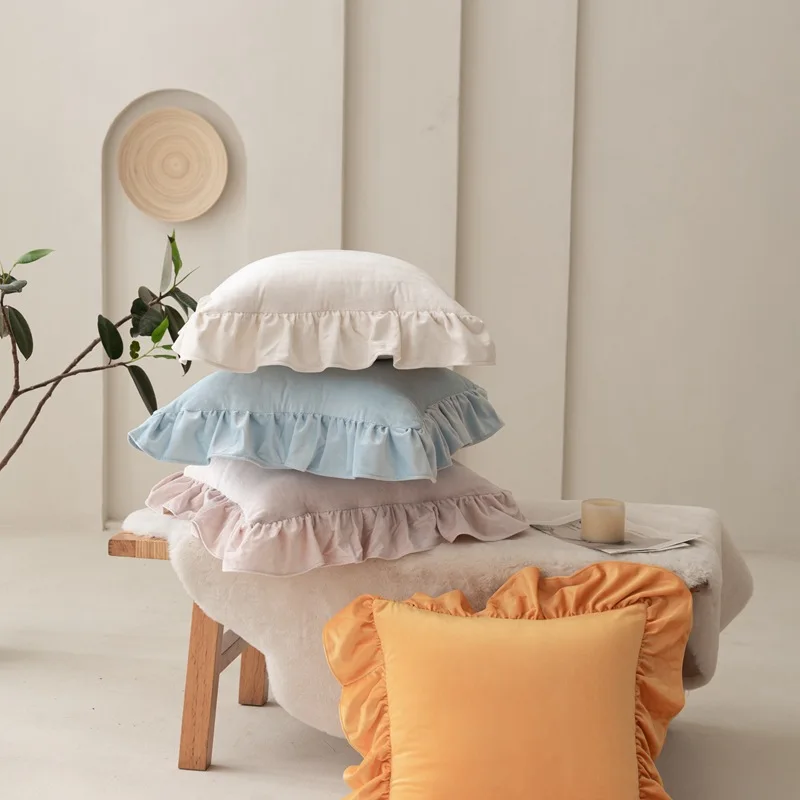 Solid Color Velvet Pillow Covers Minimalist Lace Trim Cushion Cases Elegant Ruffled Throw Pillowcase Plush Sofa Cushion Covers