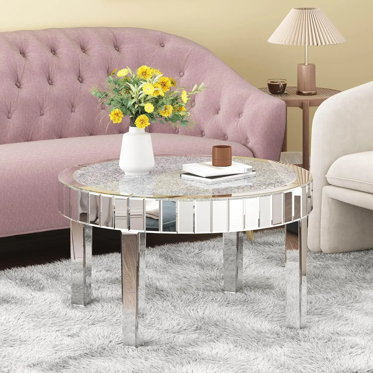 Mirrored Coffee Table With Crystal Inlay, 31.5'' Modern Round Coffee Table With Mirror Surface, Silver Accent Table For Living R