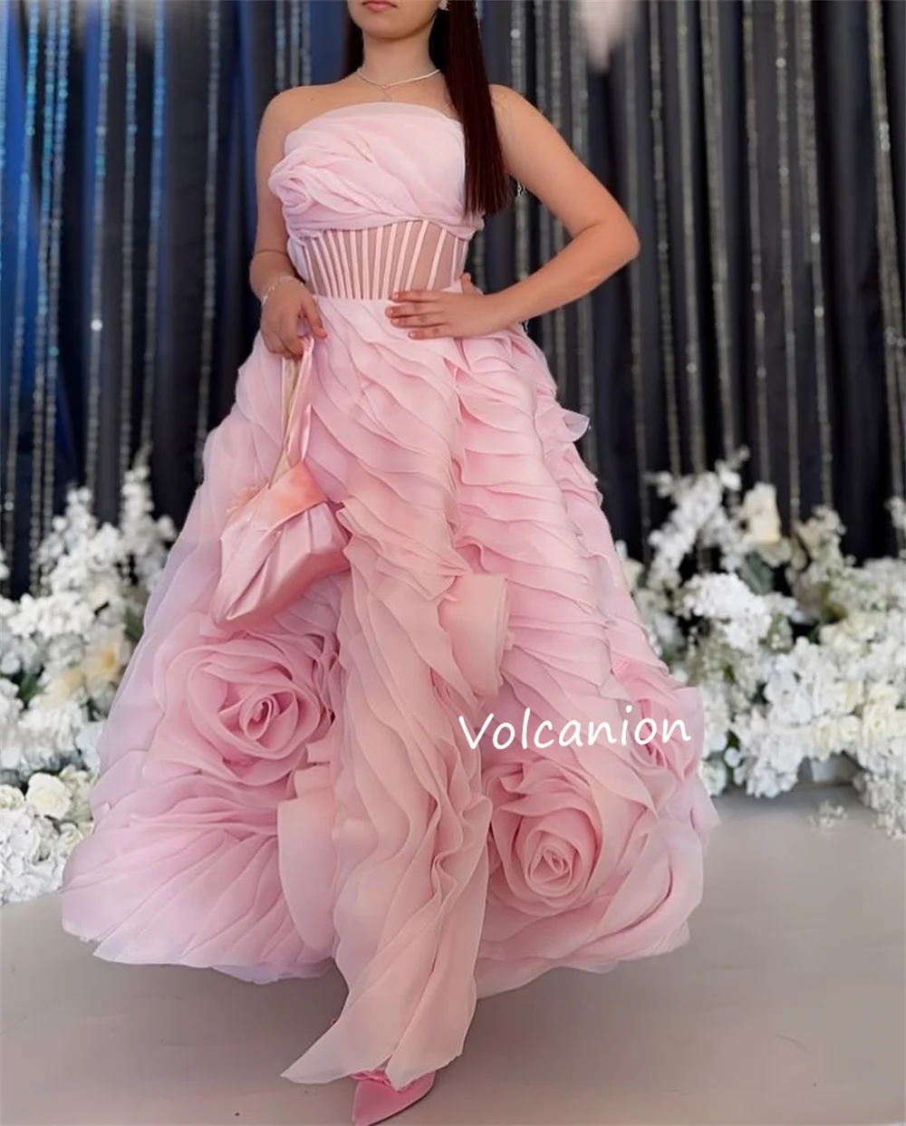 تخصيص الأورجانزا كشكش زهرة حمالة الكرة ثوب فساتين متوسطة الطول مناسبة مخصصة بسيطة رائعة ذات جودة عالية