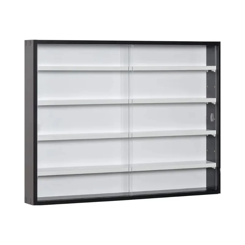 

5-Layer wall-mounted display case with 4 adjustable wooden shelves and glass doors for home office decor