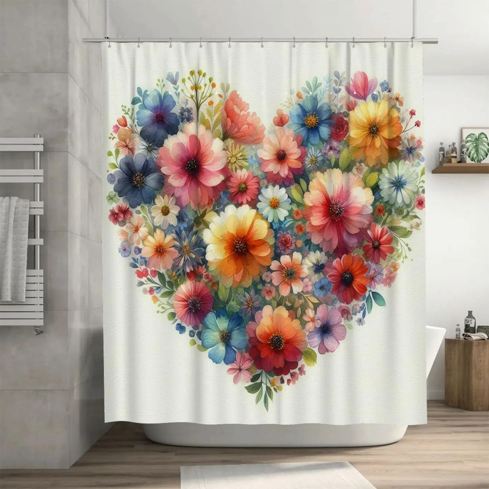 

Floral Heart Shower Curtain - Vibrant Watercolor Flowers in a Heart Shape for a Romantic and Colorful Bathroom Décor