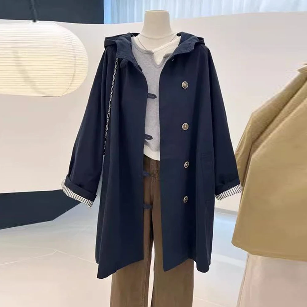 Autumn hooded trench coat large size loose tooling retro high-end medium and long coat tide