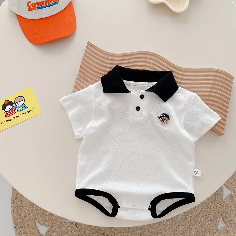 Summer Newborn Rompers Infant Triangle Wrap Fart Bodysuit  Short Sleeve Turn Down Jumpsuit Baby Clothes 0 to 18 Months Wholesale