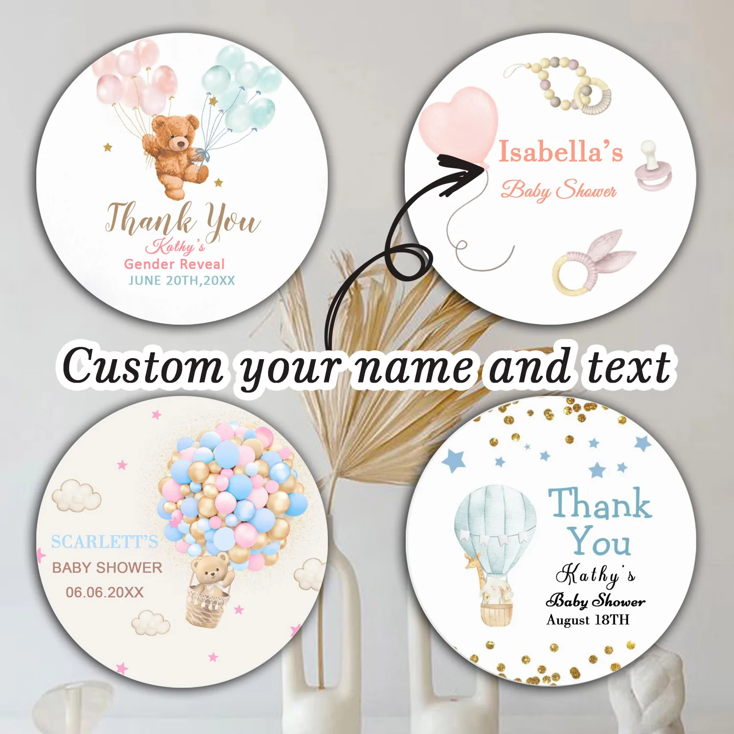 96 customized stickers, colored hot air balloons and teddy bear cartoon style, personalized names, birthday gift stamps, labels