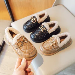 Korean Style Child Fashion Loafers Winter New 2023 PU Metal Chain Girls Cotton Shoes Solid Color Non-slip  plush leather shoes