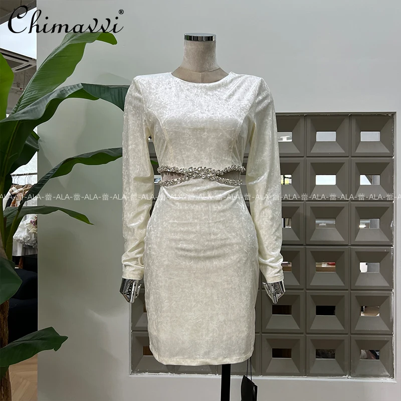 

Autumn New Heavy Rhinestone Waist-Cinching Slim Fit Bodycon Velvet Dress Fashion Round Neck Long Sleeve Elegant Sexy Dress