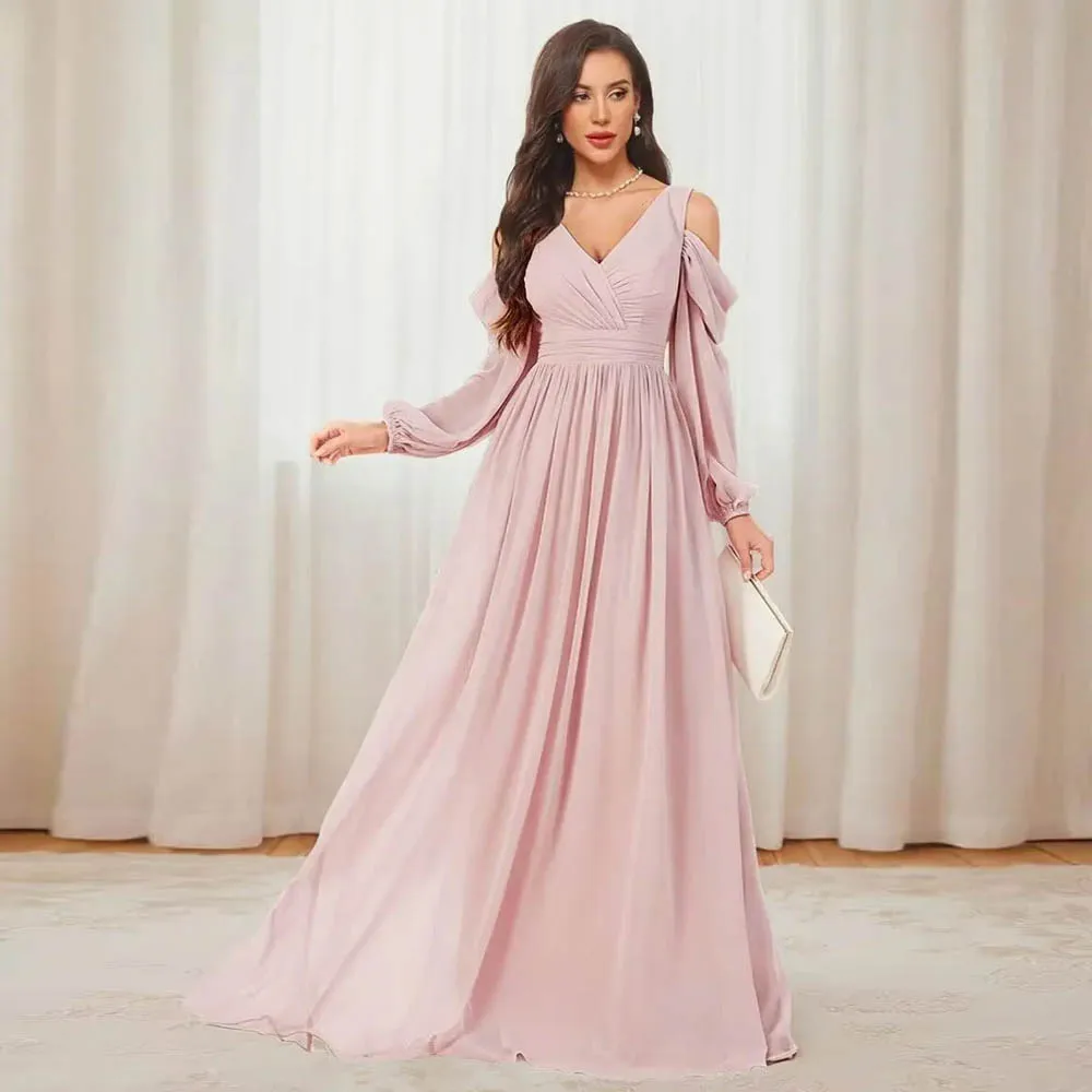 Customized Cold Shoulder Bridesmaid Dresses for Women Chiffon Pleated A Line Maid of Honor Dress Long  Wedding Party Dresses