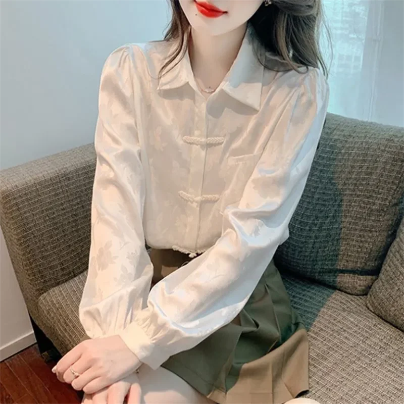 National Shirts Women's Chinese Blouses White Tops For Women Retro Buckle Shirt Laple Pocket Blous Cardigan Female Loose Shirt