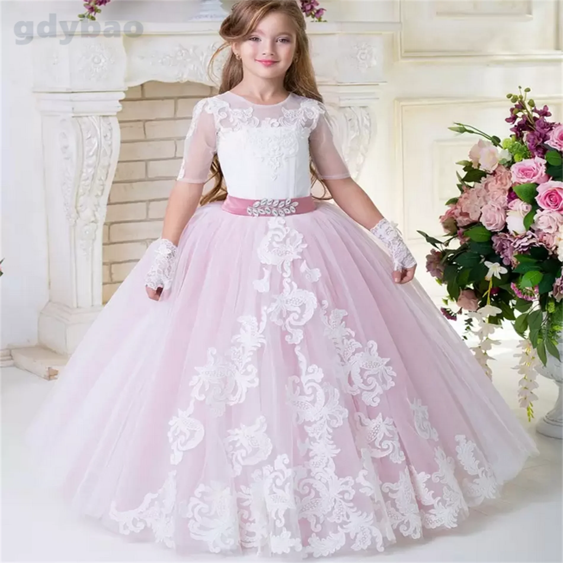 

Pink Lace Appliqued Tiered Flower Girl Dress Vintage Tulle Girl Birthday Prty Pageant Gown Short Sleeves Formal Wedding Dresses