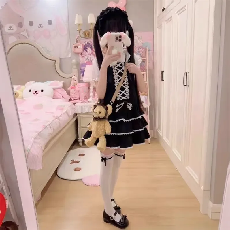 MAGOGO Summer Cute Girl Lolita Spaghetti Strap Dress Women Japanese Style Sweet Vintage Three Layer Cake Mini Dress Shirt Set