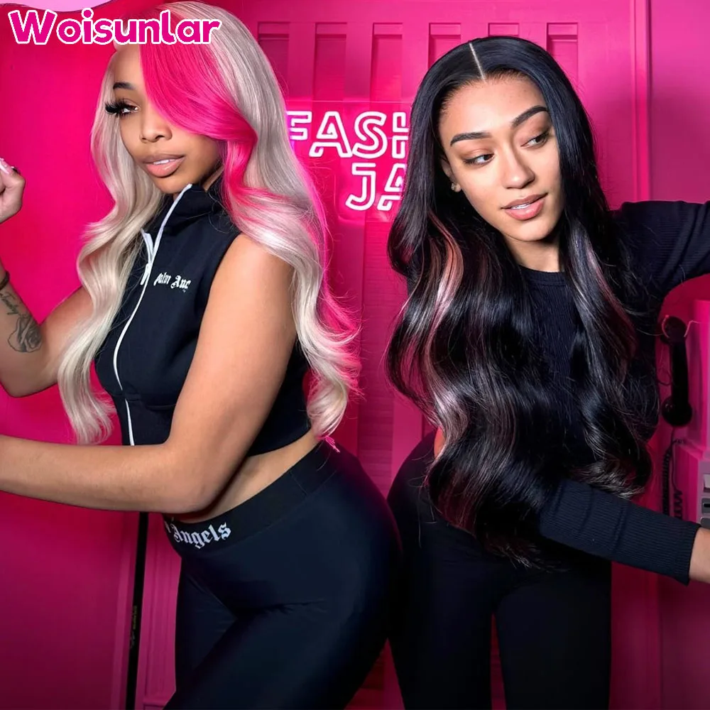 Ombre Flaxen and Dark Pink Body Wave 13x6 Lace Frontal Wig Human Hair Highlight Black and Pink Transparent 4x4 Wigs Pre Plcuked