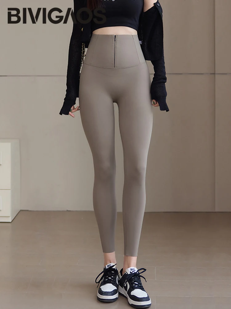 

BIVIGAOS Spring Cool Brown Zipper Sharkskin Leggings Women High Waist Micro Pressure Butt Lifter Tight Fit Casual Sport Leggings