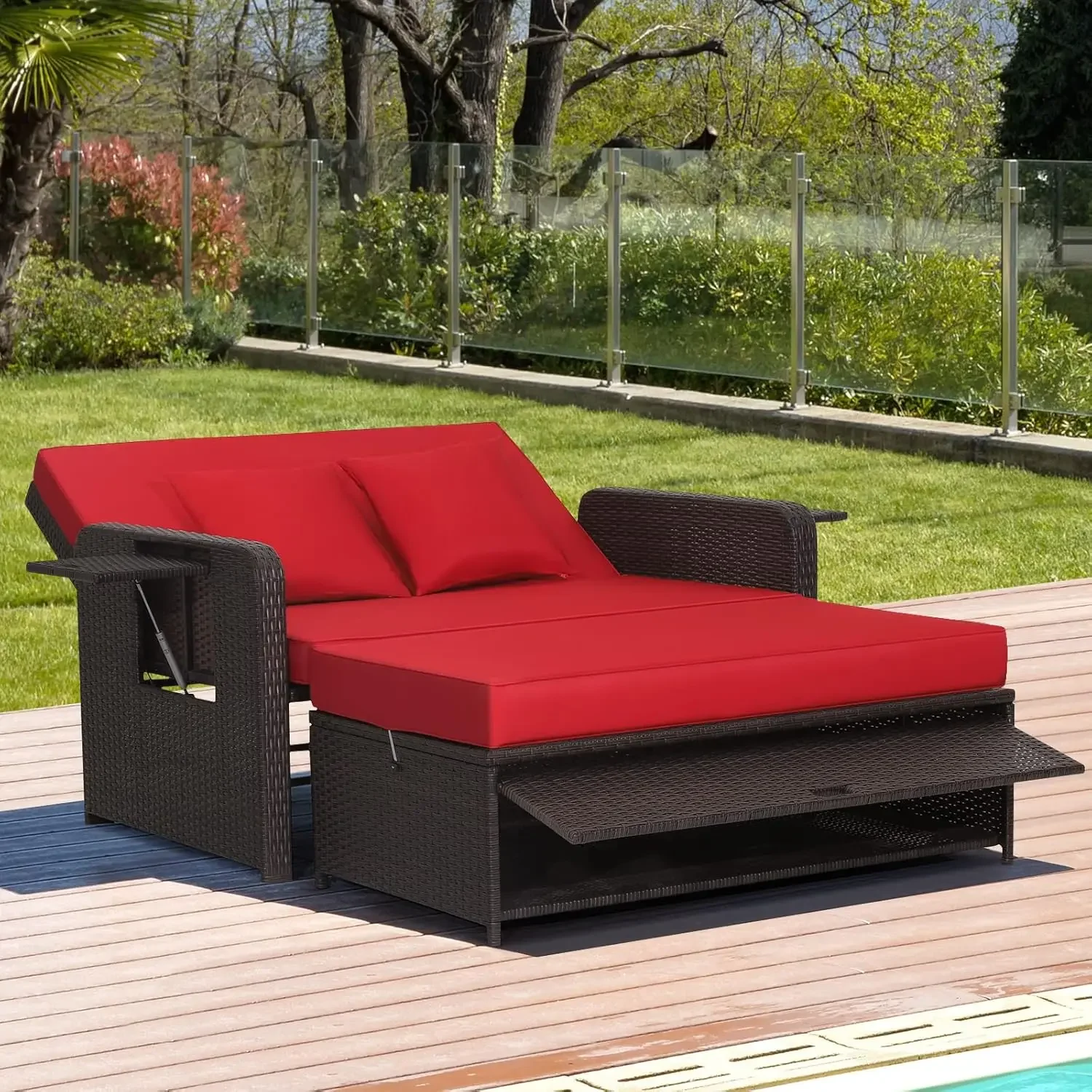 

Patio Rattan Daybed w/ Cushions, Outdoor Wicker Loveseat Sofa w/ Storage Ottoman, 4-Level Adjustable Backrest, Bed Lounger, Red