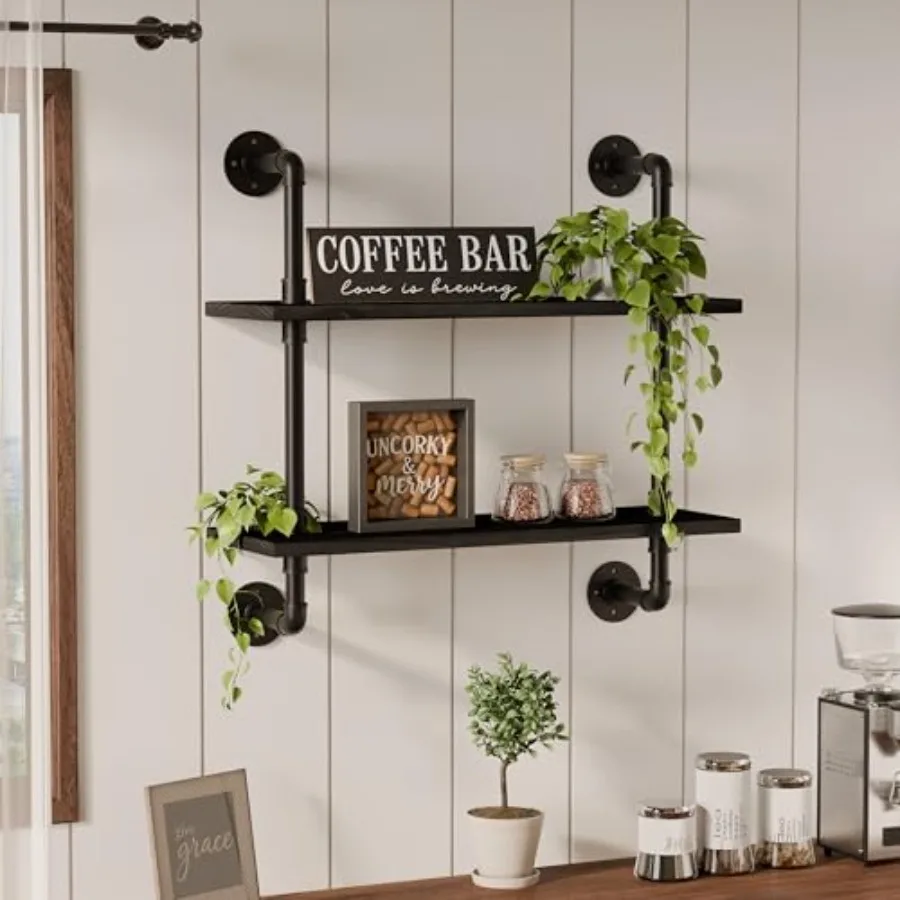 Bathroom floating shelves for wall-mounted display in industrial pipe style, black metal, 24 in, over-toilet farmhouse home dec