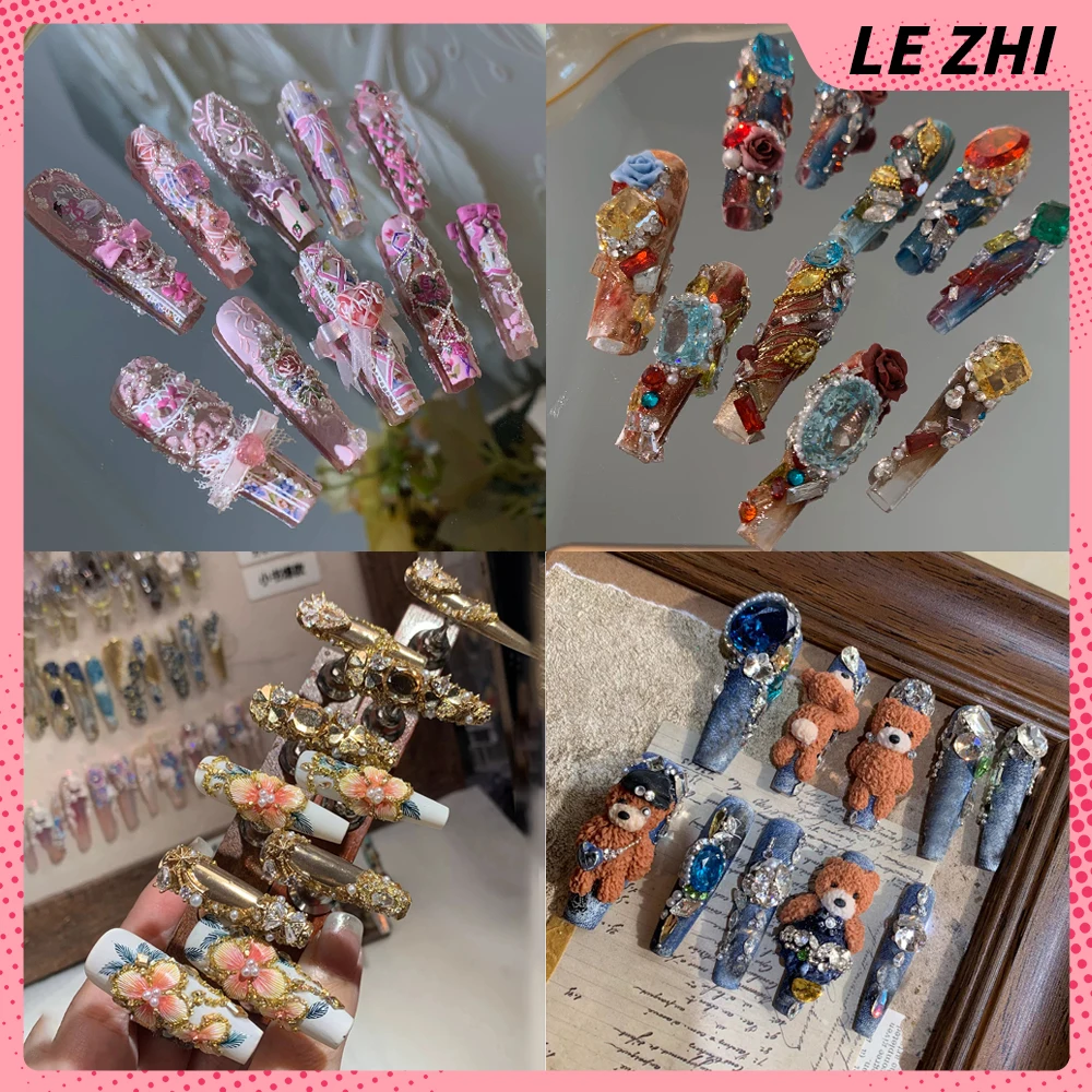 

Luxury Court 3D Carving Flower Handmade Press On Nail Butterfly Spice Girl Long Coffin Rhinestone Pearl Detachable False Nails