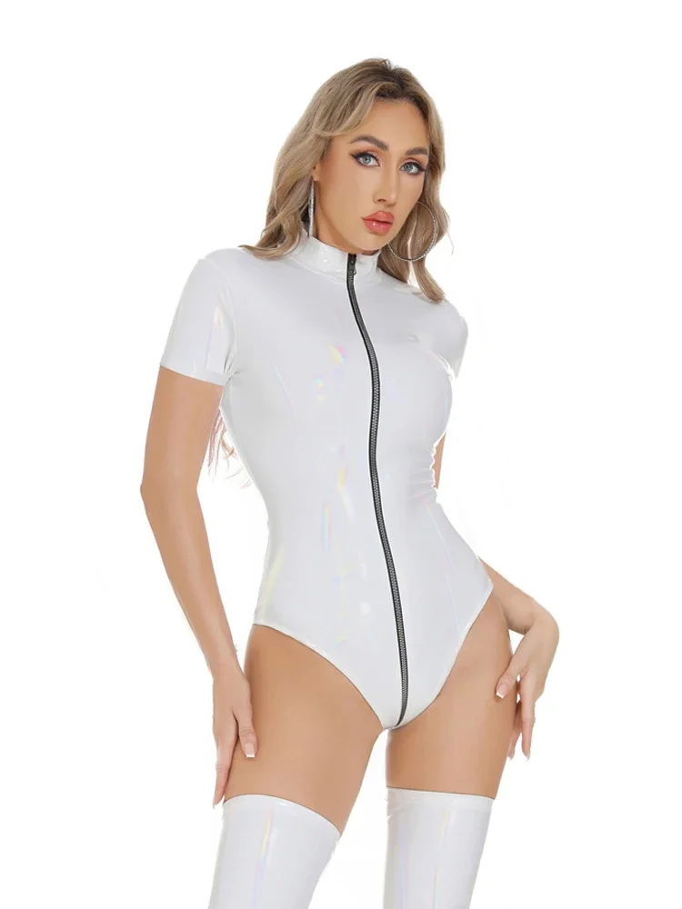Shiny PVC Faux Leather Jumpsuits Hot Women Zipper Open Crotch Bodysuit Moto Biker Club Catsuit Stage Performance Party Clothing