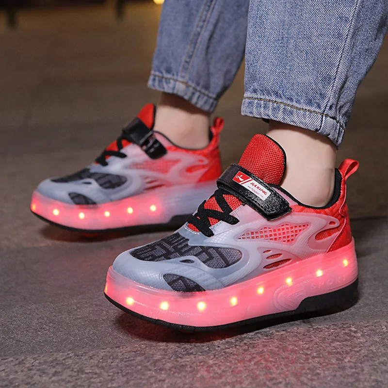 Kids Deformed Wheel Shoes Luminous Rechargeable Roller Skates Child Boys Girls 4 Wheels Sliding Sneakers LED Flash Footwear Gift