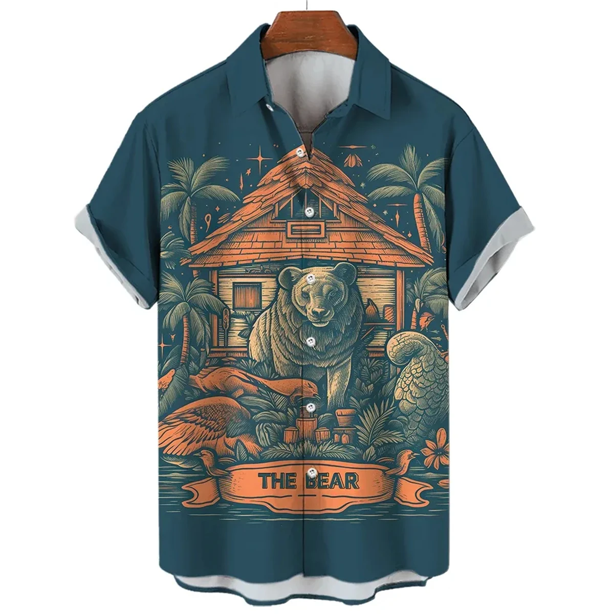 Evil Brown Bear Print Men\'s Short Sleeve Shirt Hawaiian Fashion Lapel Men\'s Tops Large Size Casual Men\'s Shirt 2024 New Style