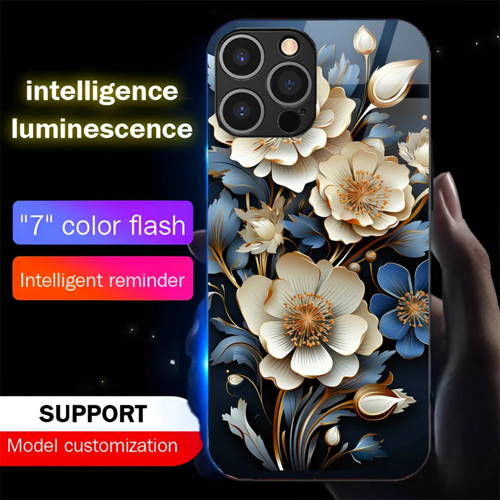 

Luxury Pure Flowers Design Smart LED Light Glow Tempered Glass Phone Case For iPhone Air 17 16 E 15 14 13 12 11 Pro Max Plus