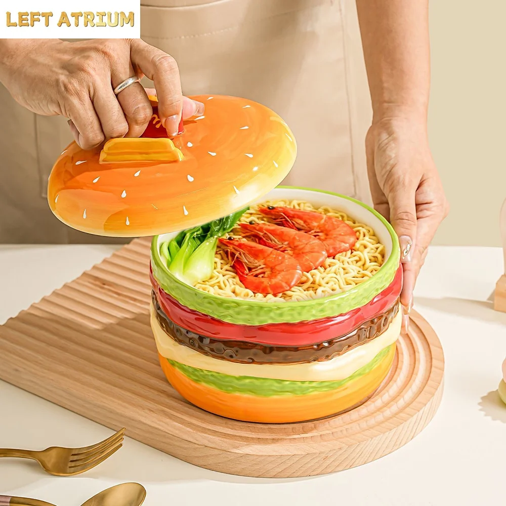 Hamburger Shape Ceramic Bowl with Lid Creative 3D Designed Porcelain Homehold Dinnerware Noodles Soup Bowls Kitchen Supplies
