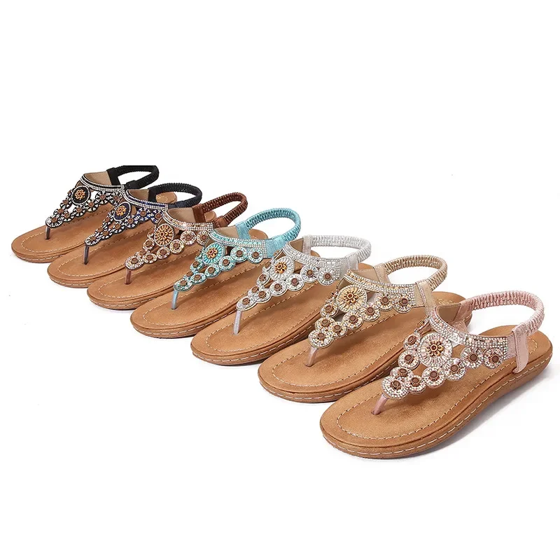 Sandal kasual ukuran Plus 36-42 untuk wanita sandal jepit ujung bulat berlian imitasi sandal kasual pita elastis musim panas Zapatos De Mujer