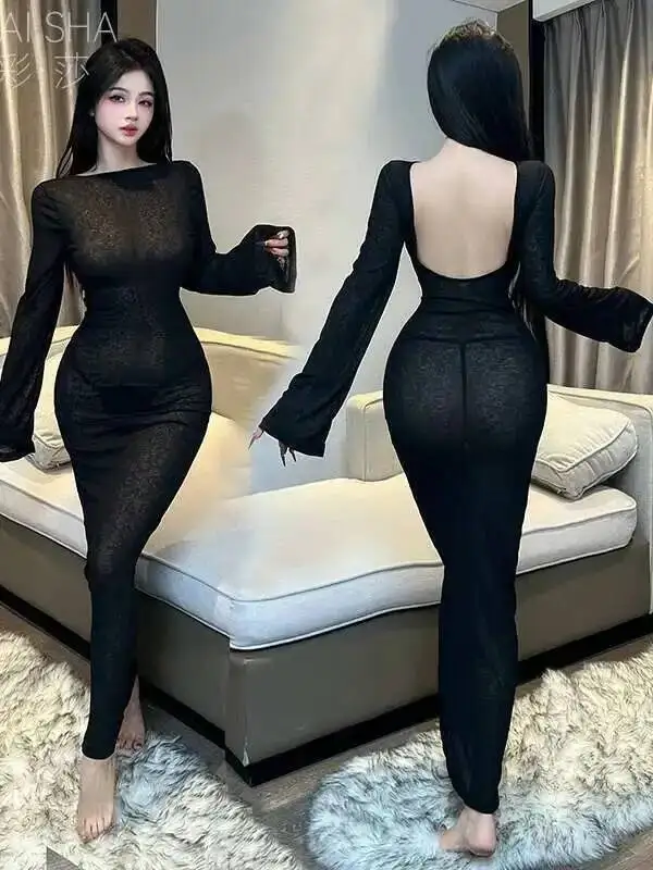 Pigiama sottile sexy girocollo sexy per coppie Allettante desiderio puro Abito lungo Elegante pizzo a rete Sheer Sweet Abiti da donna 4FXS