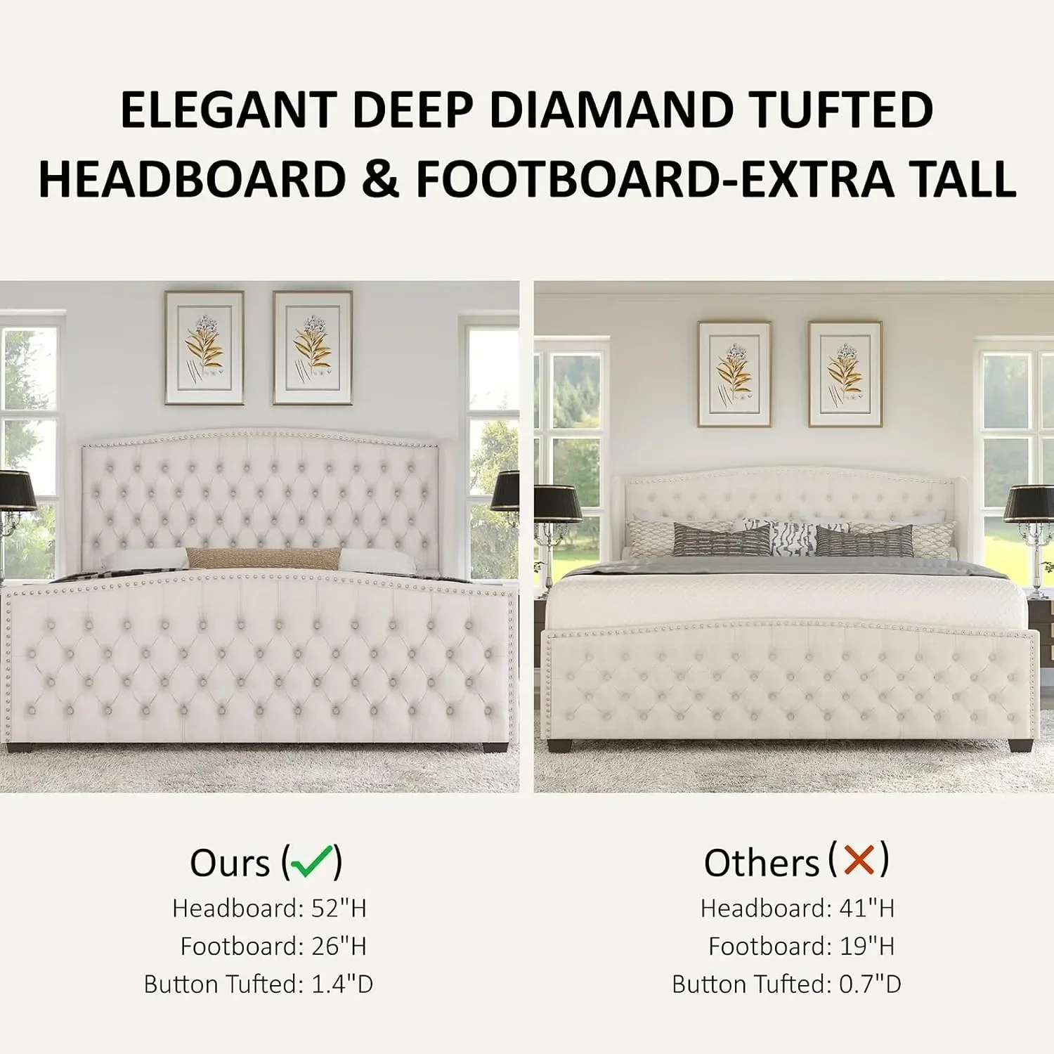 Large platform bed frame, velvet cushioned bed, wing back headboard with deep button clusters and decorations/cream color