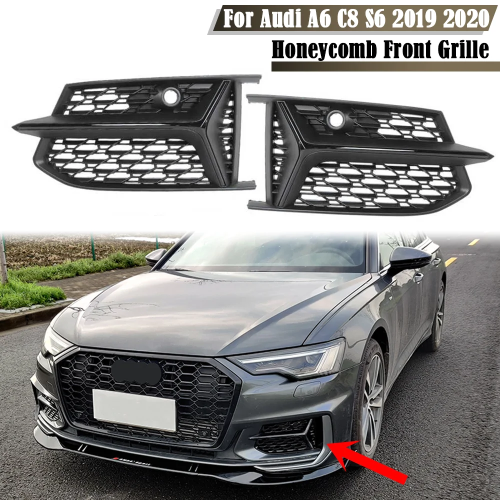 

Glossy Black Car Front Bumper Fog Light Grille Honeycomb Mesh Style Fog Lamp Grill Cover For Audi A6 C8 S6 2019 2020