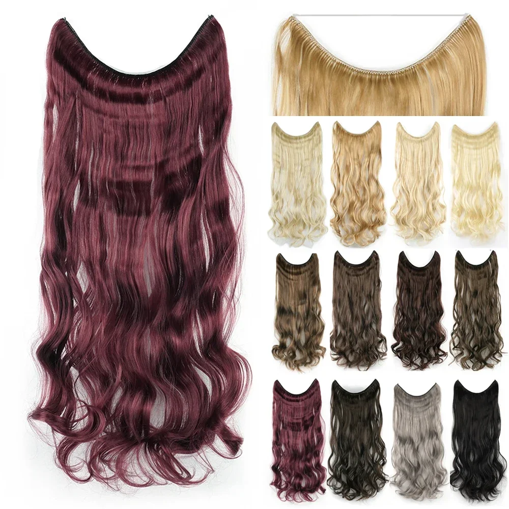 

Long Burgundy Synthetic Hair Hairpiece Fish Line Fusion Invisible Curly Hair Extensions Hair Pieces for Women