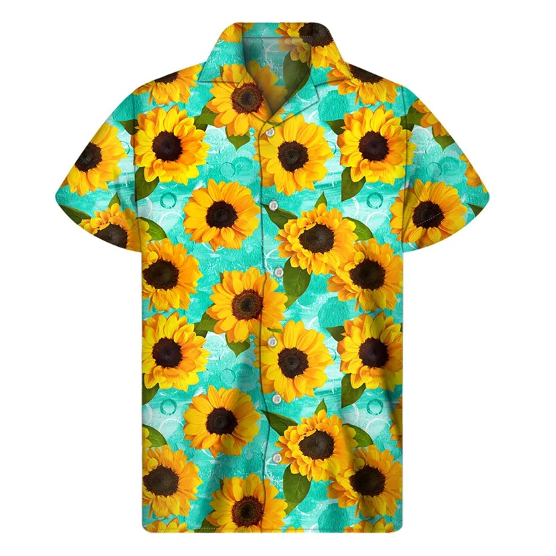 3d Plants Sunflower Print Shirt For Men Fashion Classic Short Sleeve Summer Vacation Shirts Breathable Tops Hawaiian