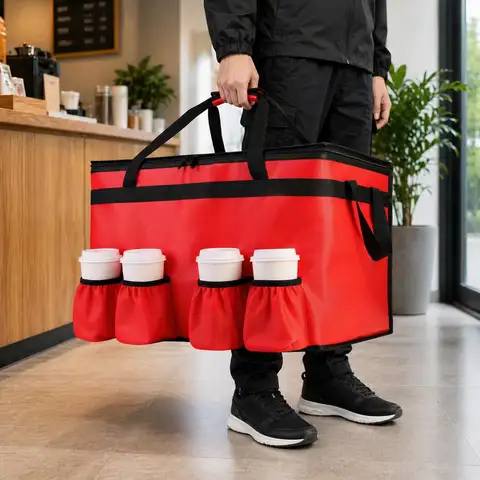79L Insulated Food Delivery Bag with 4 Cup Holders, Keep Hot/Cold, Heavy Duty Cooler, Red