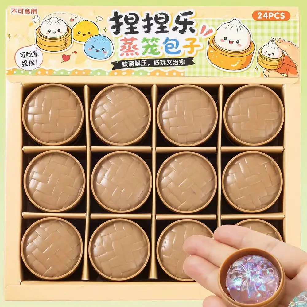 24pcs/set Soft Cute Mini Dumplings Squishy Food Shape With Steamer Squishy Crystal Bun Squeezable Pinch Fidget Sensory
