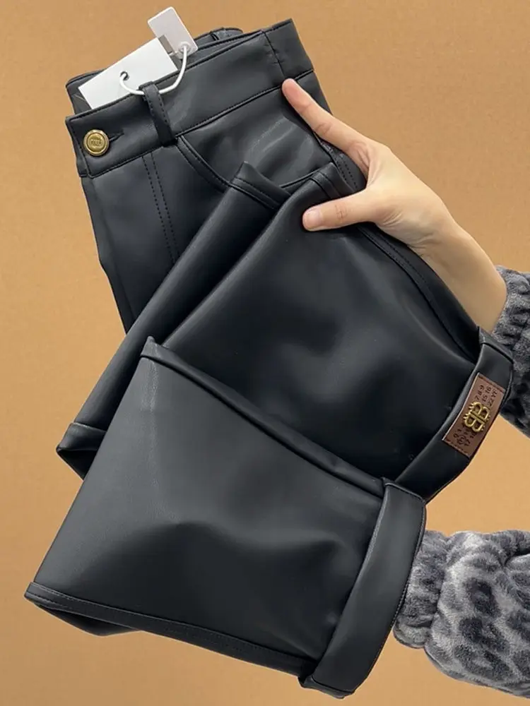 

Осенне-зимние утепленные брюки из искусственной кожи с высокой талией, на молнии, прямого кроя, больших размеров, повседневные