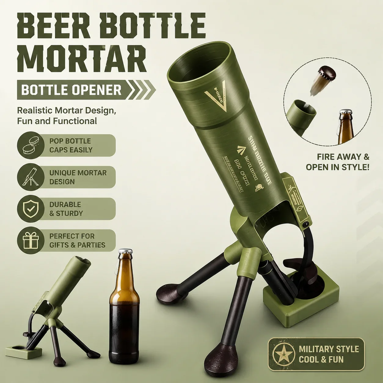 Beer Bottle Mortar Bottle Opener,Mortar Beer Bottle Opener Heavy-Duty Tactical Cap Launcher Hands-Free Push Down Opener