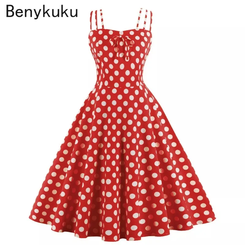 

Vintage Polka Dot Cotton Spaghetti Strap Dress 2024 Women Summer Elegant Pinup 1950s 60s Tunic Swing Rockabilly Dresses