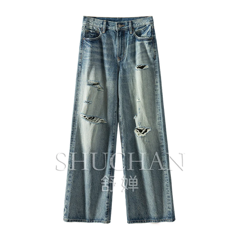 Random Street Wind Blue High Waist Ripped Burr Edge Straight Jeans Women 100% Cotton Wide Leg Pants Women