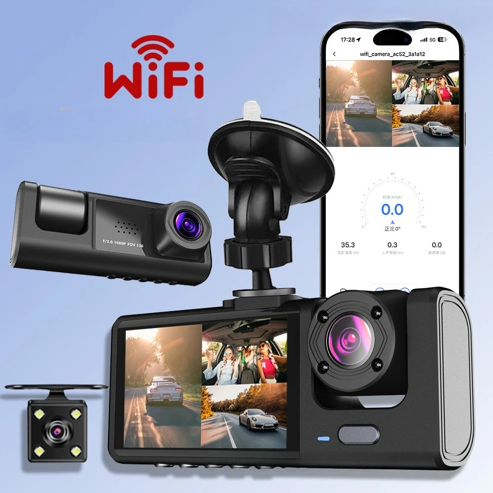 

For Car Vehicle 2 Inch Triple Lens Dash Cam 1080P Full HD Night Vision Front Inside Rear Cabin Recording With WiFi Accessories