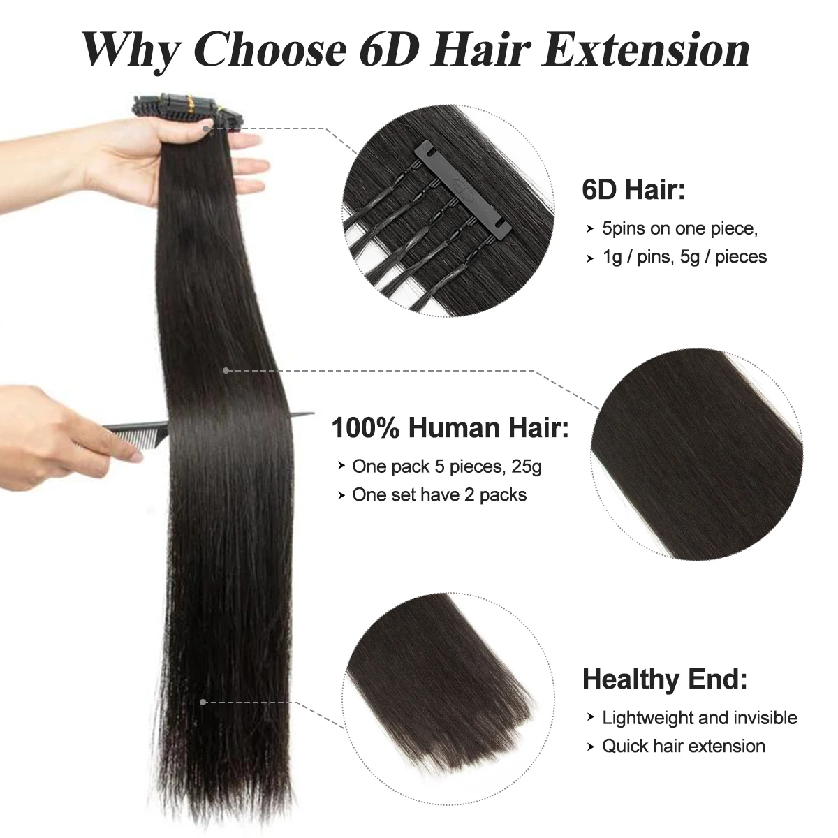 وصلات شعر 6D شعر بشري غير مرئي حلقة صغيرة غير ملحومة لصالونات التجميل يمكن بيرم وصبغه، بدون أثر بشكل طبيعي مستقيم 1 جرام/حبلا