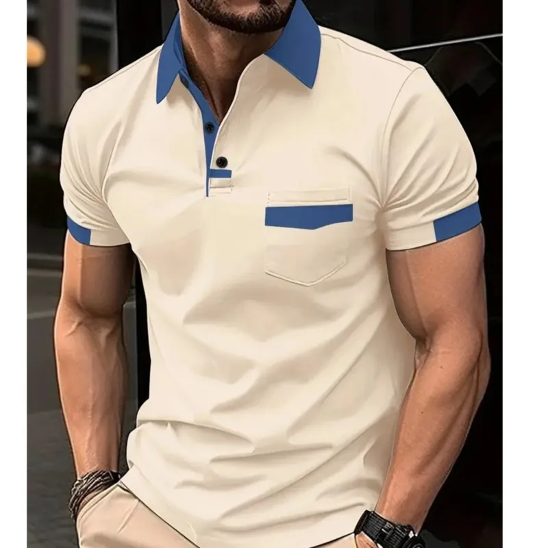 Summer Men's multi-color pocket T-shirt Fashionable Casual Fitted Golf POLO shirt High-quality Male Lapel sports Pullover shirt