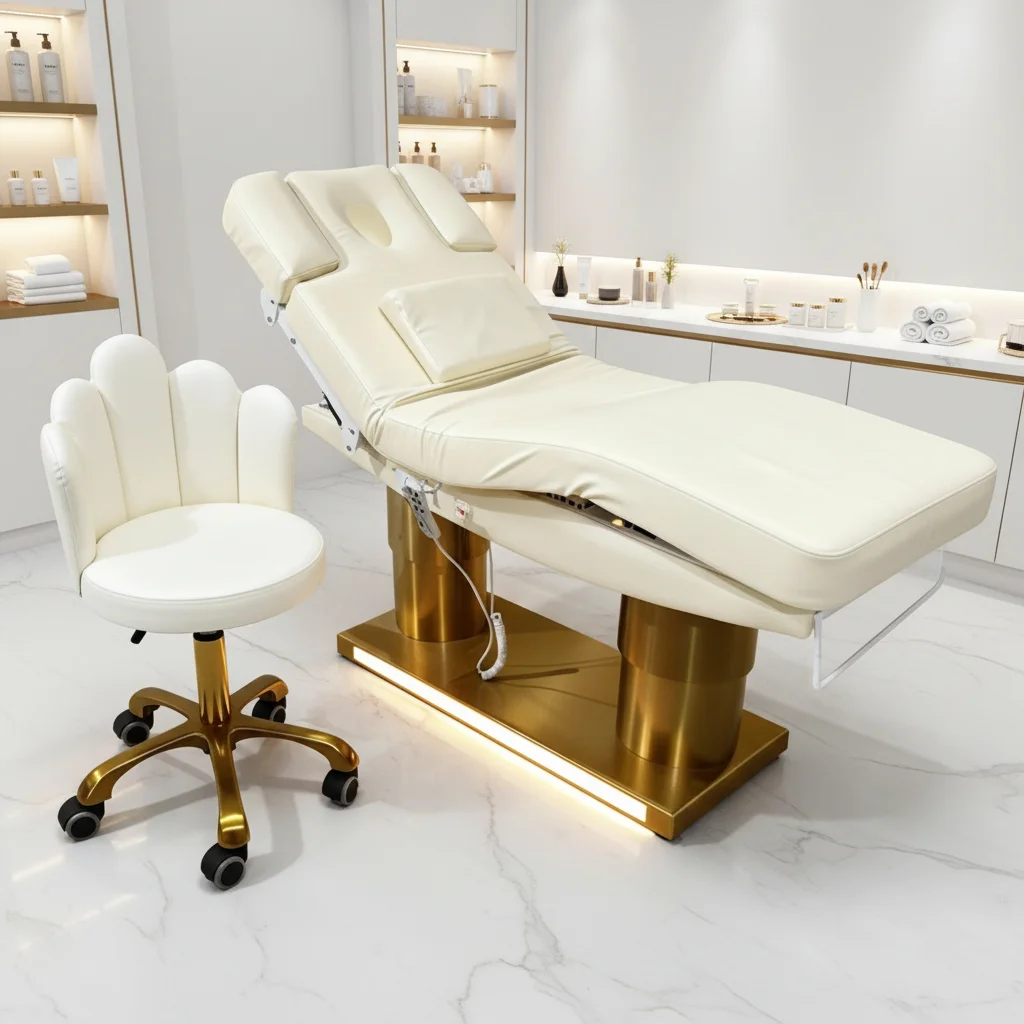 3-Motor Spa Bed With Gold Stainless Steel Base, Adjustable Massage Table, Electric Facial Bed, Customizable Treatment Table