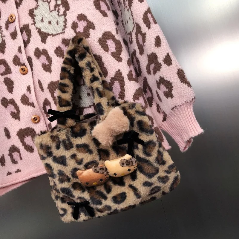 Style coréen rétro léopard Jacquard élégant tricots couleur-bloc col rond jeune pull ample Cardigan avec sac pour les femmes