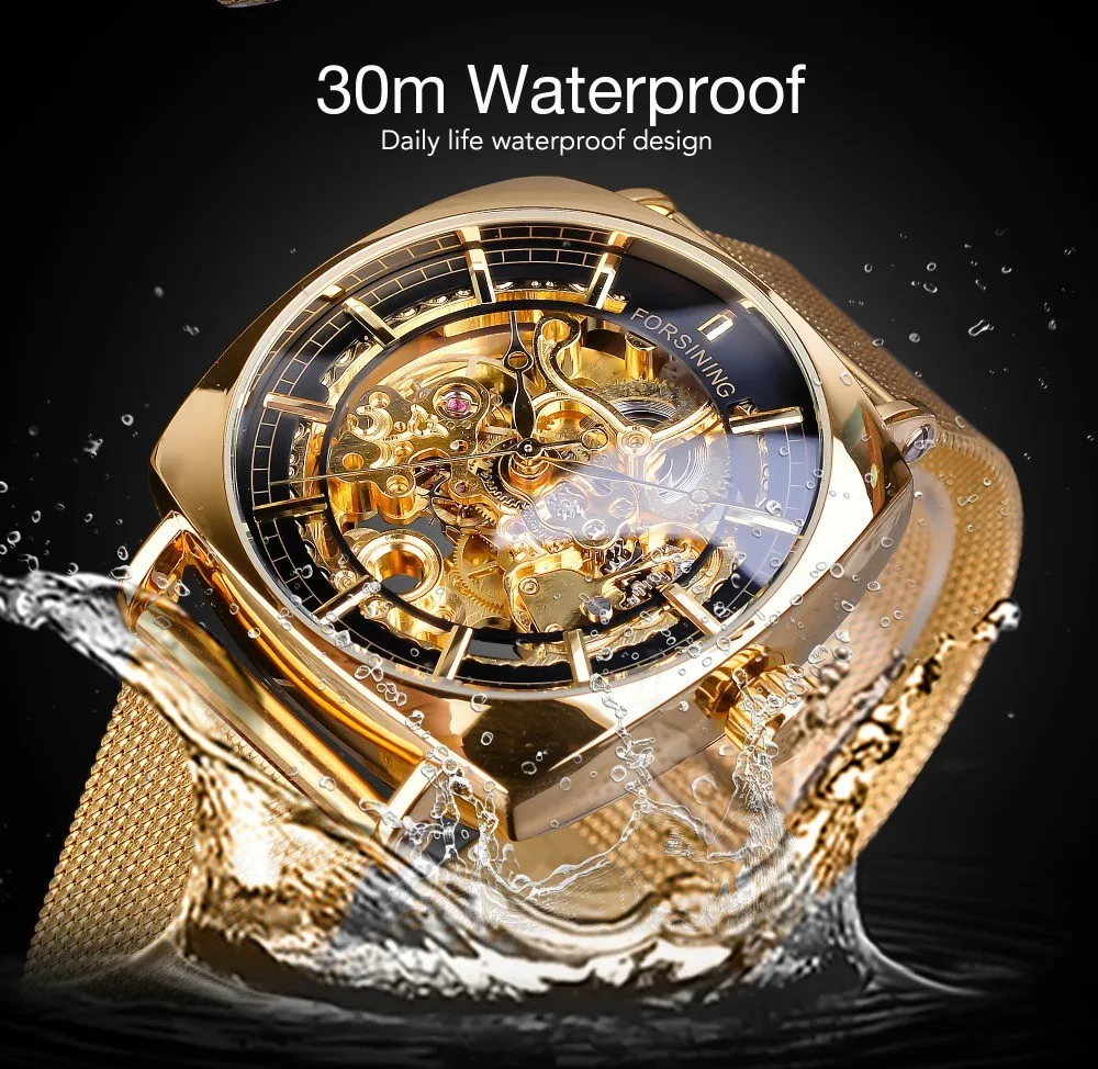 Fashion Forsining Top Brand Mesh Luxruy Golden Stainless Steel Men\'s Automatic Mechanical Square Dial Casual Hollow Out Watches