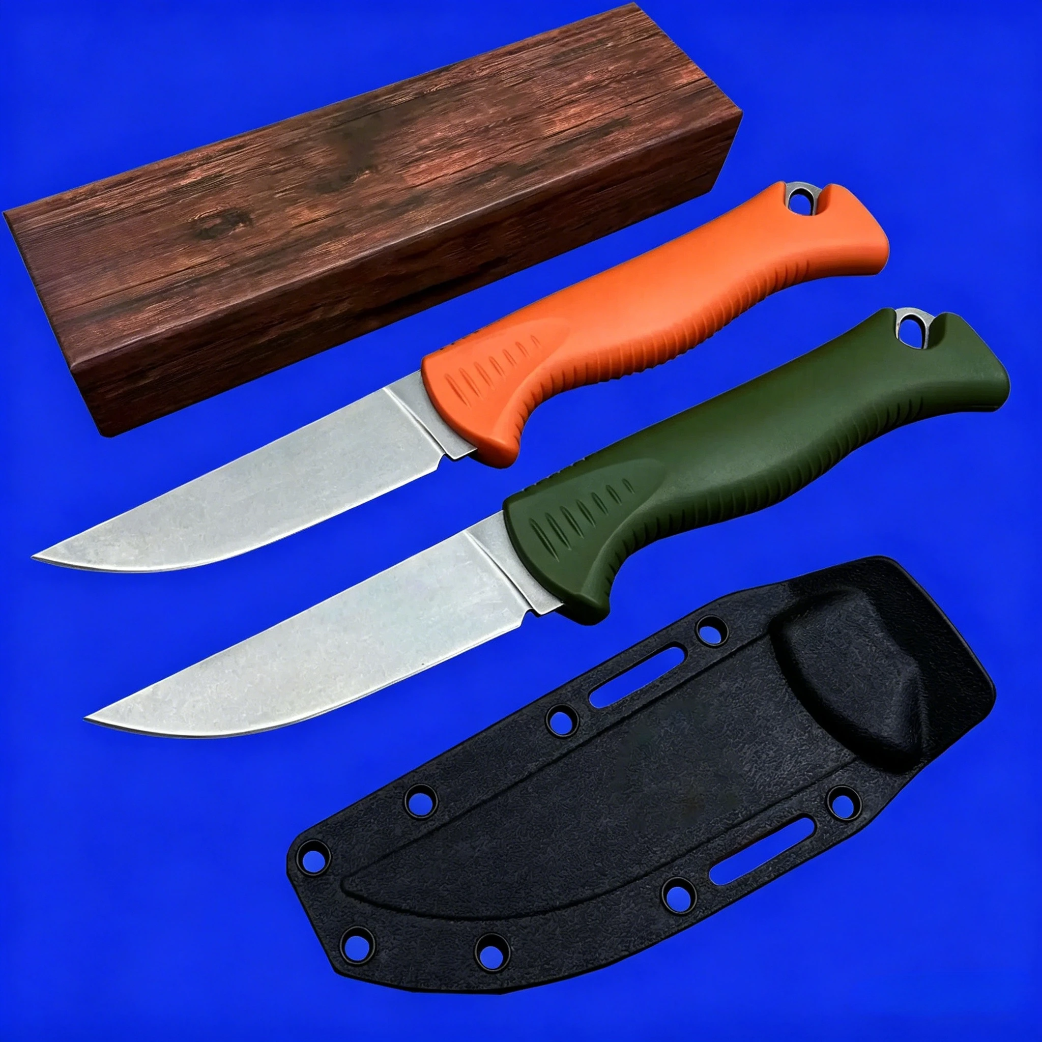 15505 Meatcrafter Fixed Knife D2 Trailing Point Blade Green and Orange Nylon Fiber Handles Sheath Included Perfect for Camping