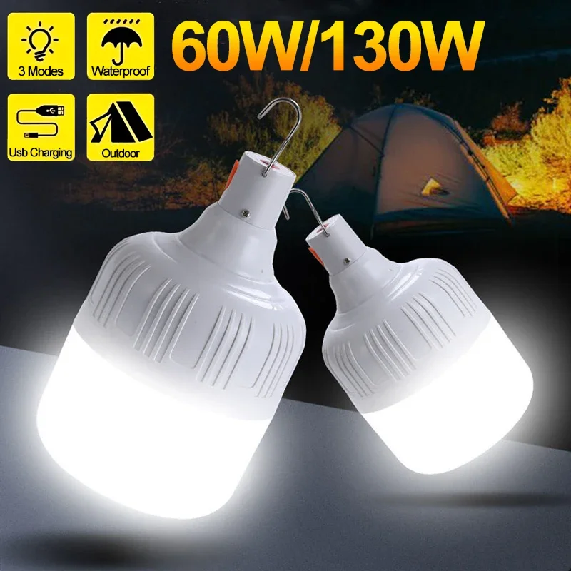 60W/130W Portable Lanterns USB Rechargeable Market Emergency LED Lights 3 Modes Waterproof Outdoor BBQ Camping Tent Lamp Bulbs