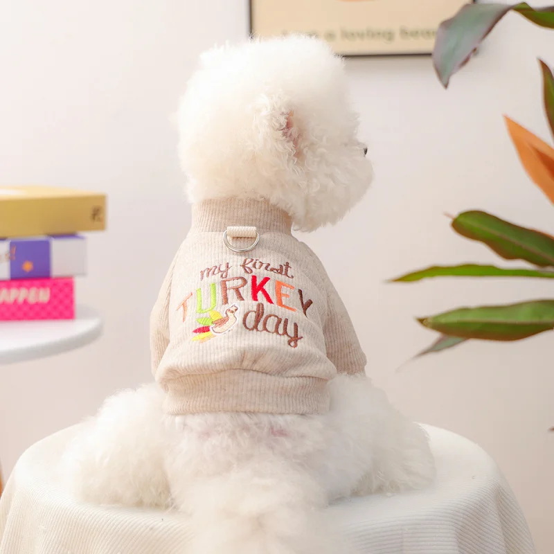 

Pet Dog Cat Shirt Embroidered Cute Turkey Thanksgiving Crewneck, New Pet Circle Soft Autumn Cozy Outfit Top