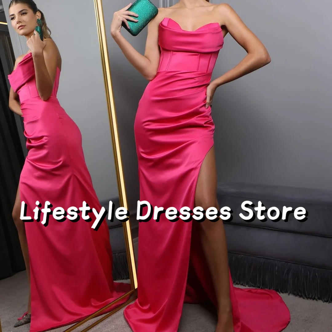 

Glossy Satin Sweetheart Neckline Prom Dresses Mermaid Fuchsia Long Evening Dresses Plus Size Side Slit Fvestidos de graduación