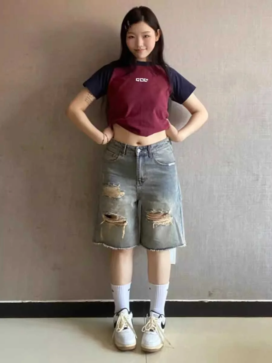 

Retro Hole Denim Shorts Women Summer Thin High Waist Large Size Loose Five Wide Leg Pants Torn Jeans High Waist Shorts