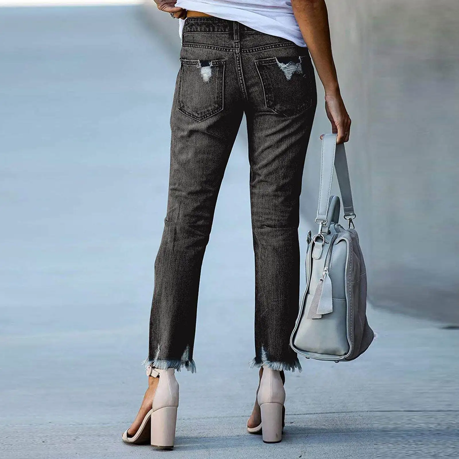 Women's Pure Color Denim Jeans Hole Design High Waist Straight Leg Stretchy Versatile Trousers Autumn Long Pants Seven Sleeve view 3