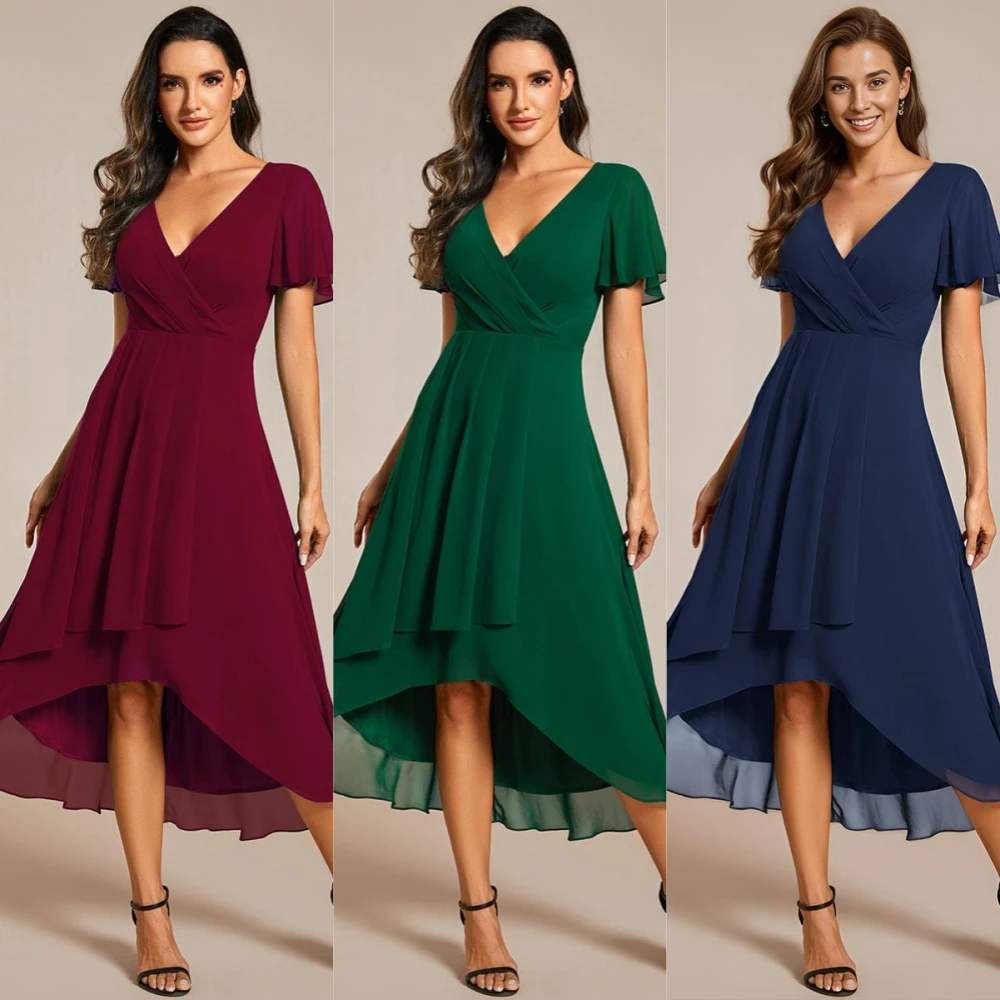 Customized Draped  A-line V-neck Bespoke Occasion Gown Midi Dresses Simple High/Low Party Gown Customized Bridesmaid Dress